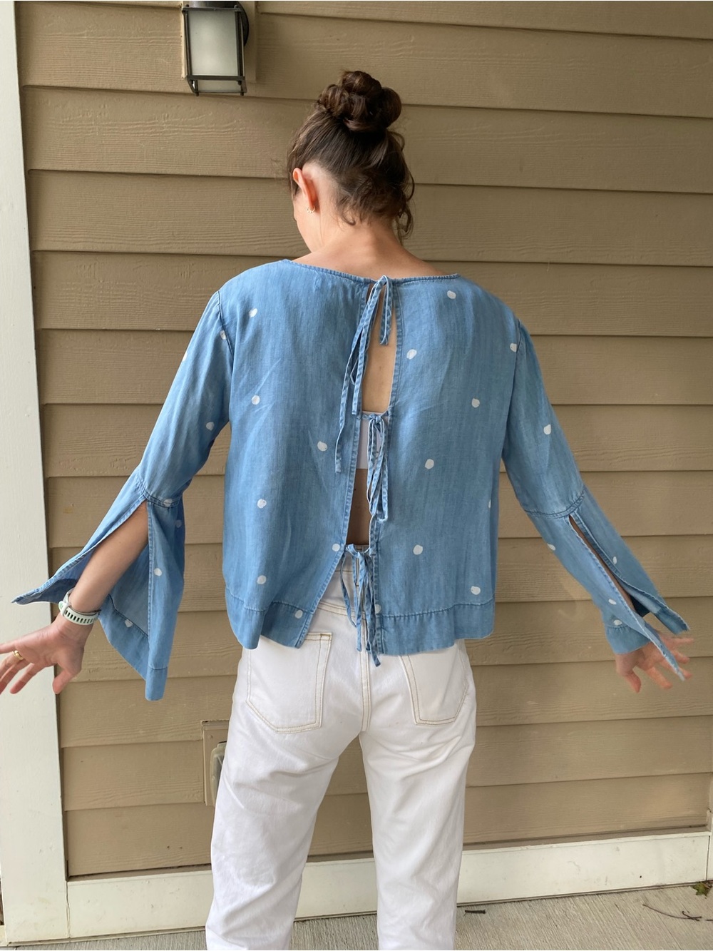 Anthropologie Cloth & Stone L Bell Sleeve Top Open Back Polka Dot Chambray Blue